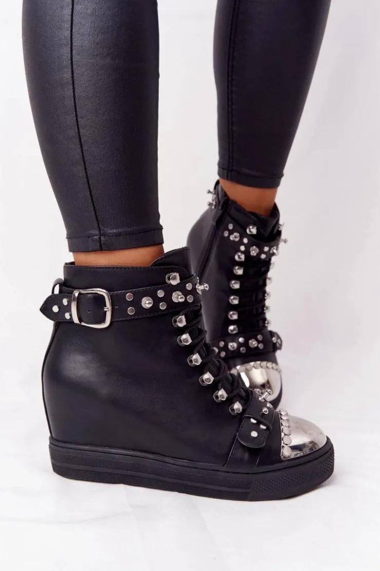 Clearance Boto Ocieplane Botki Na Koturnie Z Dżetami Czarne Lu Boo