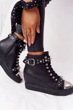 Clearance Boto Ocieplane Botki Na Koturnie Z Dżetami Czarne Lu Boo
