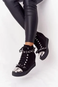 Boto Botki Na Koturnie|Botki Sznurowane*Ocieplane Botki Na Koturnie Zamszowe Czarne Lu Boo