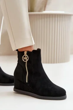 New Boto Ocieplane Botki Na Koturnie Z Ozdobnym Zamkiem Eko Zamszowe Czarne Leretha