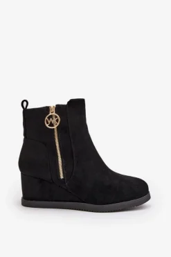 New Boto Ocieplane Botki Na Koturnie Z Ozdobnym Zamkiem Eko Zamszowe Czarne Leretha