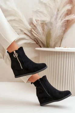 New Boto Ocieplane Botki Na Koturnie Z Ozdobnym Zamkiem Eko Zamszowe Czarne Leretha