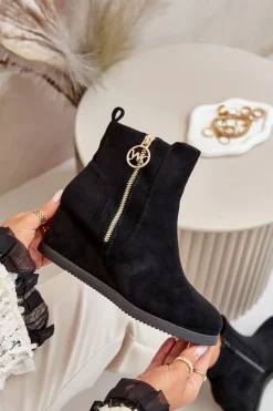 New Boto Ocieplane Botki Na Koturnie Z Ozdobnym Zamkiem Eko Zamszowe Czarne Leretha