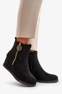 New Boto Ocieplane Botki Na Koturnie Z Ozdobnym Zamkiem Eko Zamszowe Czarne Leretha