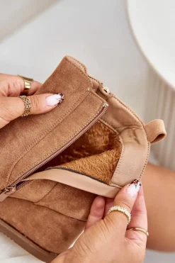 Boto Botki Ocieplane|Botki Na Koturnie*Ocieplane Botki Na Koturnie Z Ozdobnym Zamkiem Eko Zamszowe Camel Leretha Brązowy