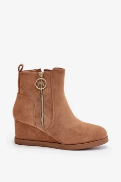 Boto Botki Ocieplane|Botki Na Koturnie*Ocieplane Botki Na Koturnie Z Ozdobnym Zamkiem Eko Zamszowe Camel Leretha Brązowy