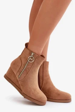 Boto Botki Ocieplane|Botki Na Koturnie*Ocieplane Botki Na Koturnie Z Ozdobnym Zamkiem Eko Zamszowe Camel Leretha Brązowy