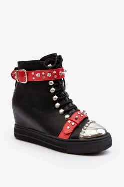 Clearance Boto Ocieplane Botki Na Koturnie Z Dżetami Ekoskóra Lu Boo Czarne