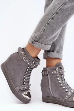 Damskie Boto Ocieplane Botki Na Koturnie Z Dżetami Zamszowe Lu Boo Szare