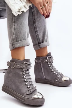 Damskie Boto Ocieplane Botki Na Koturnie Z Dżetami Zamszowe Lu Boo Szare
