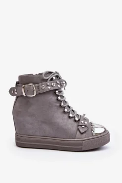 Damskie Boto Ocieplane Botki Na Koturnie Z Dżetami Zamszowe Lu Boo Szare