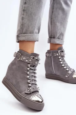 Damskie Boto Ocieplane Botki Na Koturnie Z Dżetami Zamszowe Lu Boo Szare