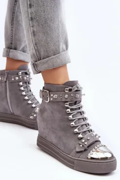 Damskie Boto Ocieplane Botki Na Koturnie Z Dżetami Zamszowe Lu Boo Szare