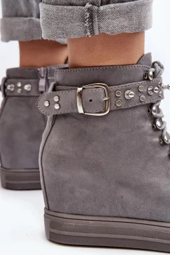 Damskie Boto Ocieplane Botki Na Koturnie Z Dżetami Zamszowe Lu Boo Szare