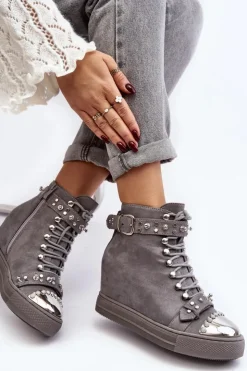Damskie Boto Ocieplane Botki Na Koturnie Z Dżetami Zamszowe Lu Boo Szare