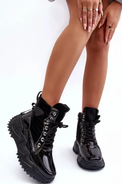 Sale Boto Ocieplane Botki Na Masywnej Platformie Czarne Lanleh