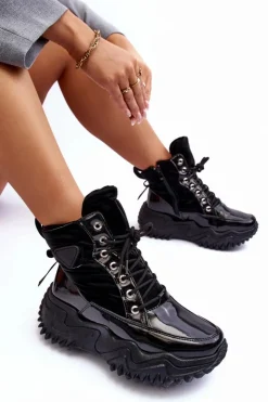 Sale Boto Ocieplane Botki Na Masywnej Platformie Czarne Lanleh