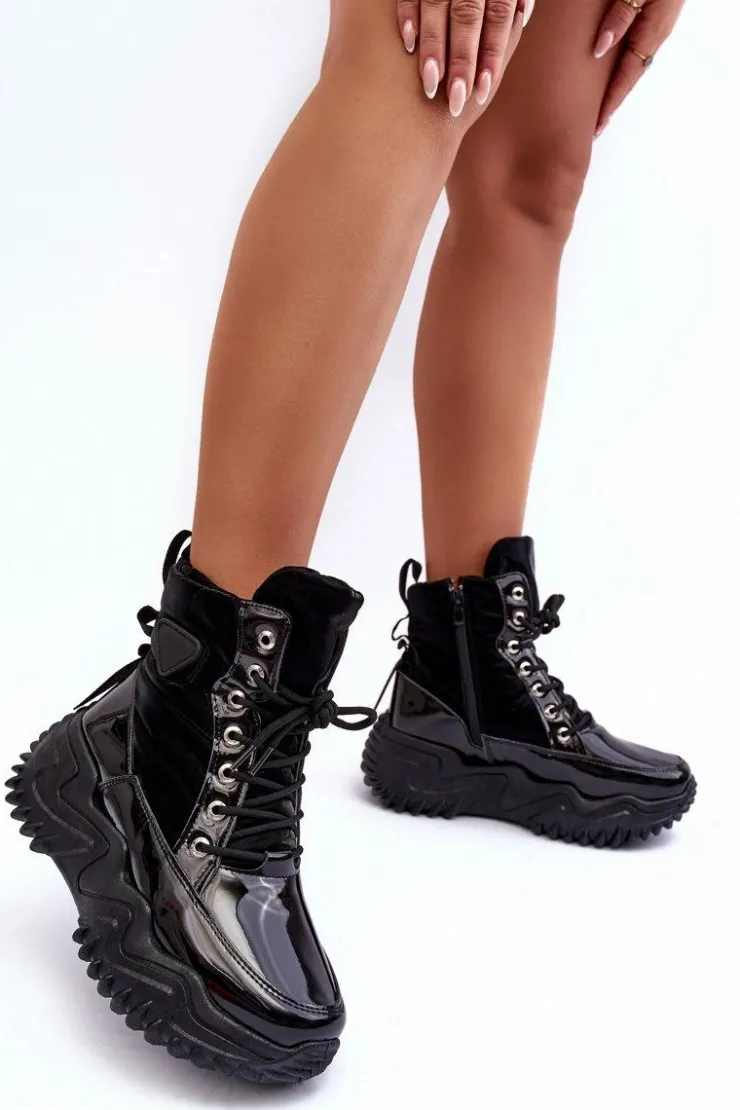 Sale Boto Ocieplane Botki Na Masywnej Platformie Czarne Lanleh