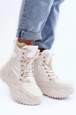 Damskie Boto Ocieplane Botki Na Masywnej Platformie Jasnobeżowe Lanleh