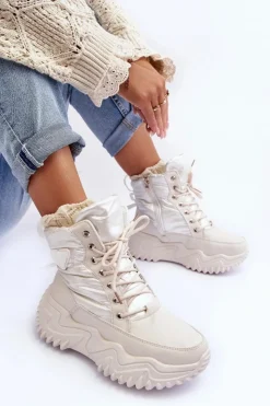 Damskie Boto Ocieplane Botki Na Masywnej Platformie Jasnobeżowe Lanleh
