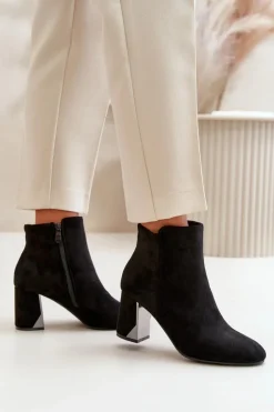 Outlet Boto Ocieplane Botki Na Obcasie Słupku Z Lustrzanym Elementem Czarne Silvare Czarny