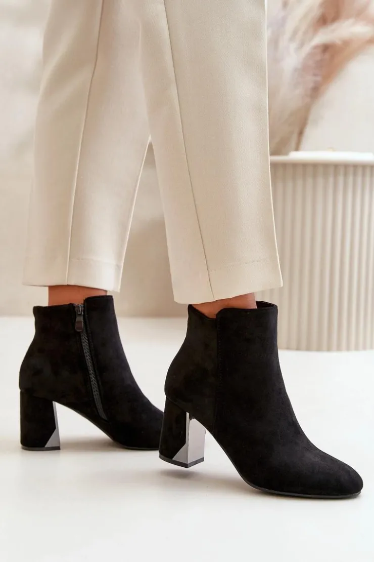 Outlet Boto Ocieplane Botki Na Obcasie Słupku Z Lustrzanym Elementem Czarne Silvare Czarny
