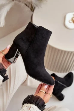 Outlet Boto Ocieplane Botki Na Obcasie Słupku Z Lustrzanym Elementem Czarne Silvare Czarny