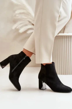 Outlet Boto Ocieplane Botki Na Obcasie Słupku Z Lustrzanym Elementem Czarne Silvare Czarny