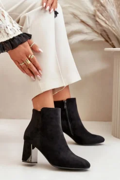 Outlet Boto Ocieplane Botki Na Obcasie Słupku Z Lustrzanym Elementem Czarne Silvare Czarny