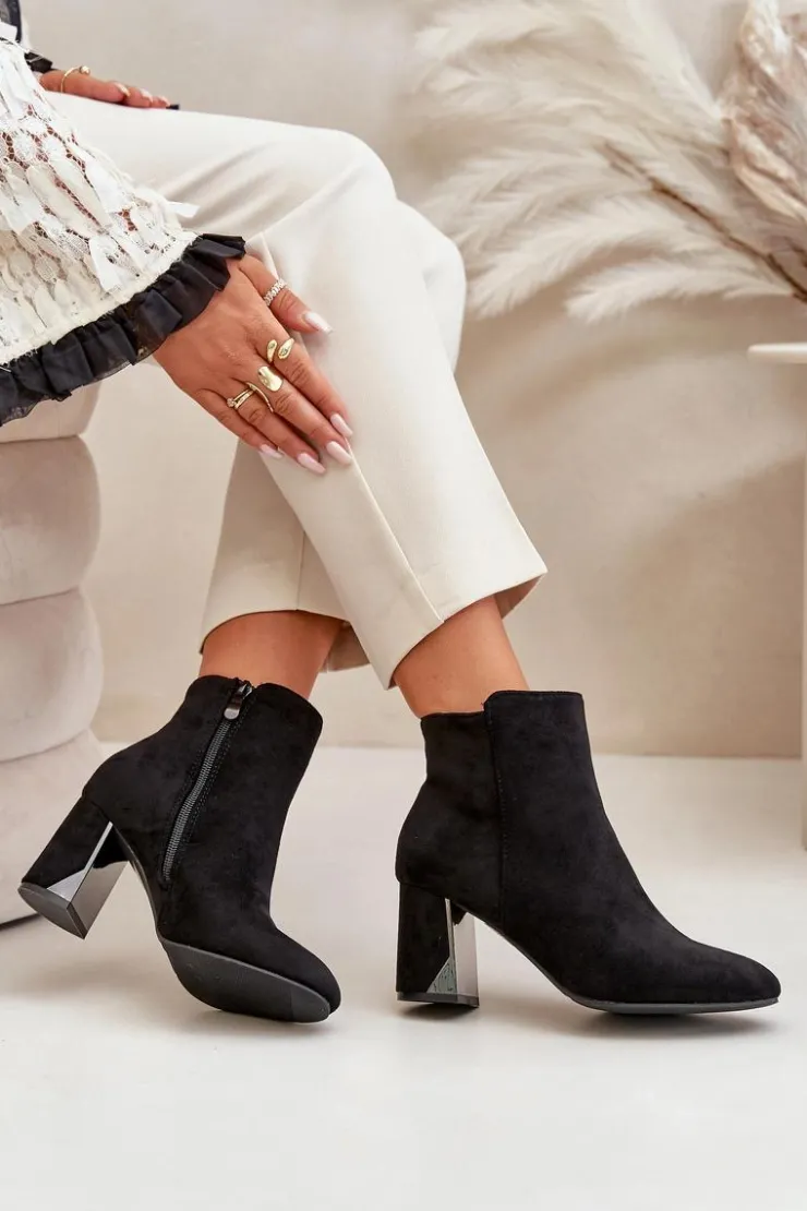 Outlet Boto Ocieplane Botki Na Obcasie Słupku Z Lustrzanym Elementem Czarne Silvare Czarny