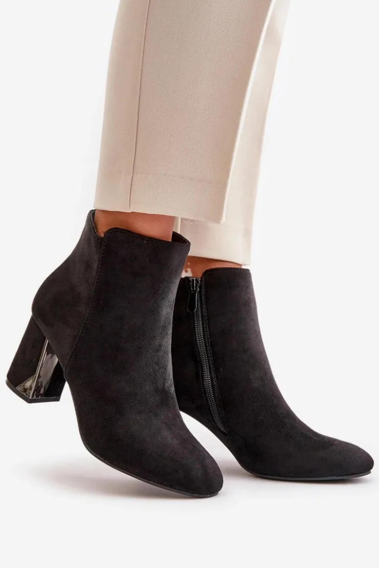 Outlet Boto Ocieplane Botki Na Obcasie Słupku Z Lustrzanym Elementem Czarne Silvare Czarny