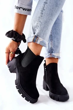 Boto Czarne Botki|Botki Zimowe Damskie*Ocieplane Botki Na Obcasie Czarne Madge