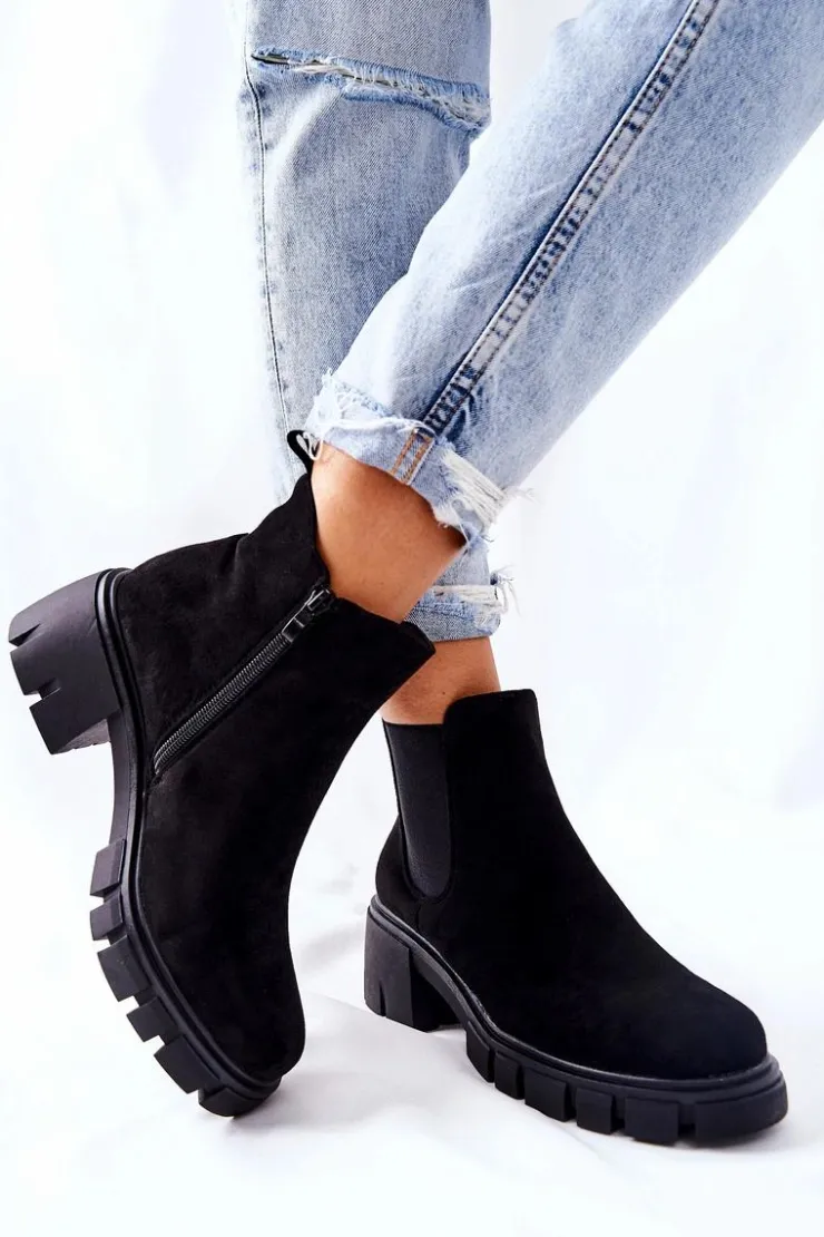 Boto Czarne Botki|Botki Zimowe Damskie*Ocieplane Botki Na Obcasie Czarne Madge