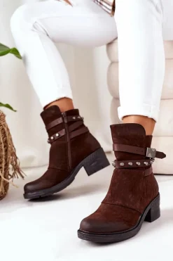 Boto Ocieplane Botki Na Obcasie Brązowe Effie