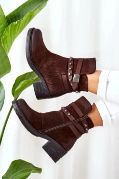 Boto Ocieplane Botki Na Obcasie Brązowe Effie