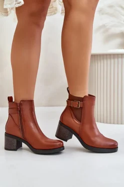 Boto Botki Na Słupku|Botki Zimowe Damskie*Ocieplane Botki Na Obcasie Eko Skórzane Z Klamrą Camel Eriliana