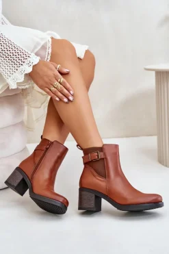 Boto Botki Na Słupku|Botki Zimowe Damskie*Ocieplane Botki Na Obcasie Eko Skórzane Z Klamrą Camel Eriliana