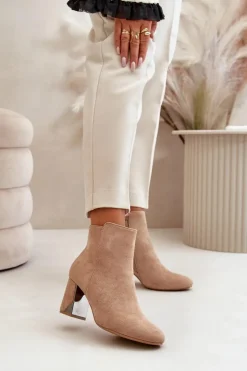 Damskie Boto Ocieplane Botki Na Obcasie Słupku Z Lustrzanym Elementem Beżowe Silvare