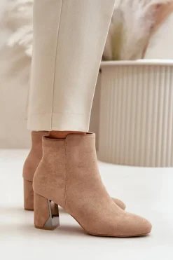 Damskie Boto Ocieplane Botki Na Obcasie Słupku Z Lustrzanym Elementem Beżowe Silvare