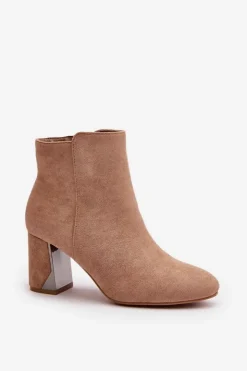 Damskie Boto Ocieplane Botki Na Obcasie Słupku Z Lustrzanym Elementem Beżowe Silvare