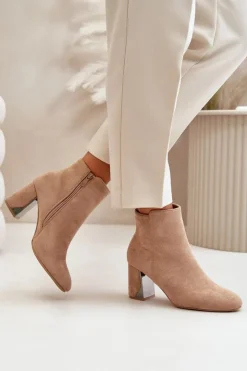 Damskie Boto Ocieplane Botki Na Obcasie Słupku Z Lustrzanym Elementem Beżowe Silvare