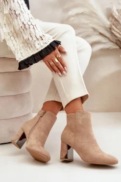 Damskie Boto Ocieplane Botki Na Obcasie Słupku Z Lustrzanym Elementem Beżowe Silvare