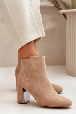 Damskie Boto Ocieplane Botki Na Obcasie Słupku Z Lustrzanym Elementem Beżowe Silvare