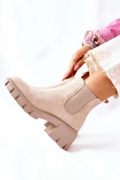 Damskie Boto Ocieplane Botki Na Obcasie Beżowe Madge