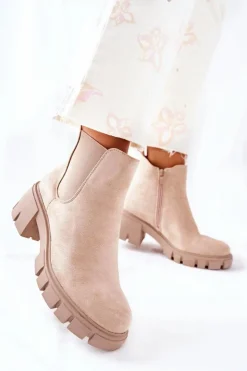 Damskie Boto Ocieplane Botki Na Obcasie Beżowe Madge