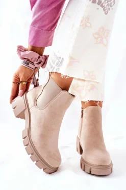Damskie Boto Ocieplane Botki Na Obcasie Beżowe Madge