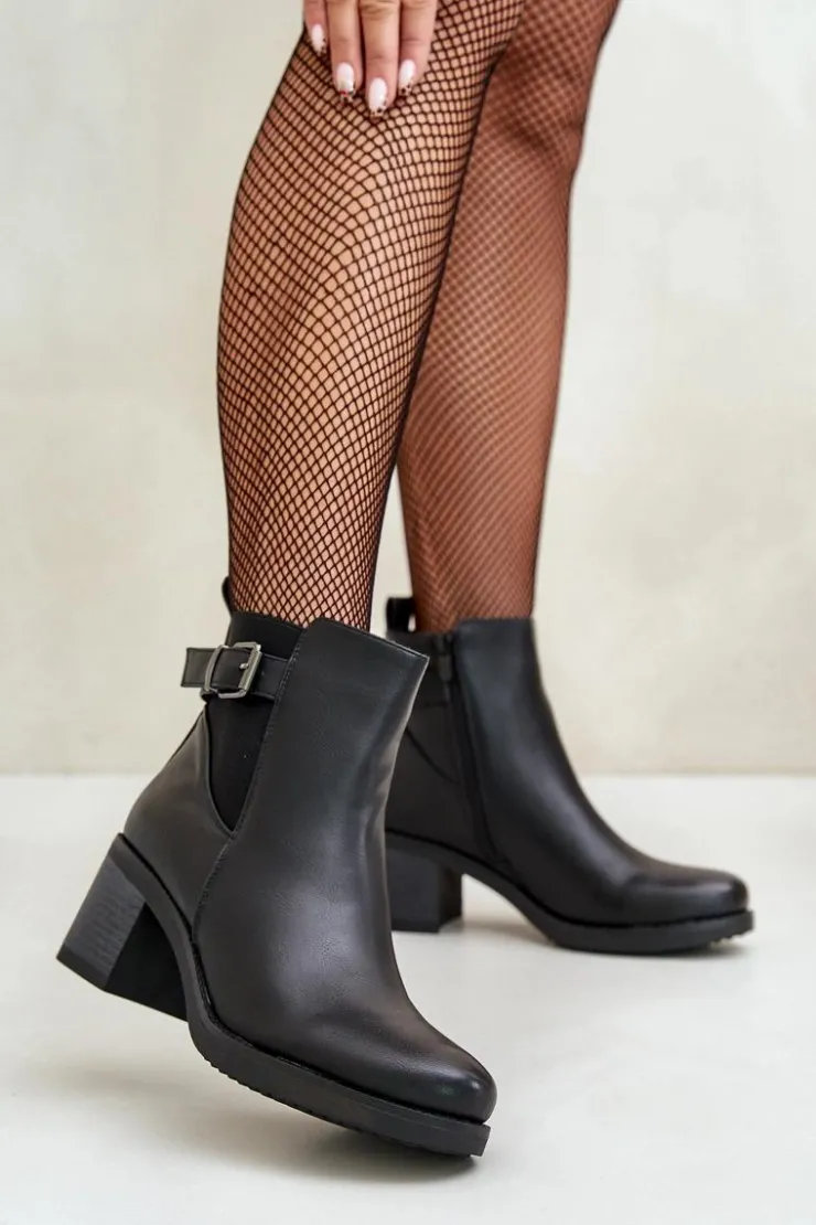 New Boto Ocieplane Botki Na Obcasie Eko Skórzane Z Klamrą Czarne Eriliana