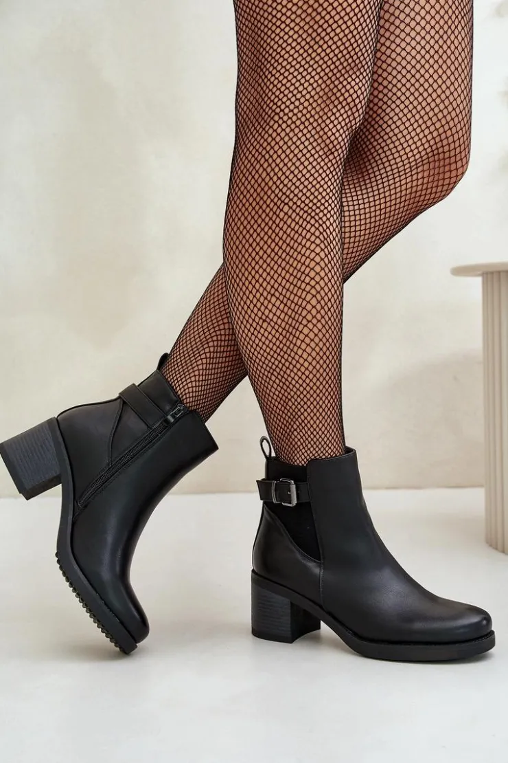 New Boto Ocieplane Botki Na Obcasie Eko Skórzane Z Klamrą Czarne Eriliana