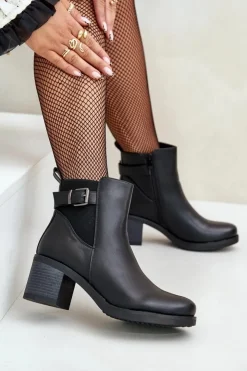 New Boto Ocieplane Botki Na Obcasie Eko Skórzane Z Klamrą Czarne Eriliana