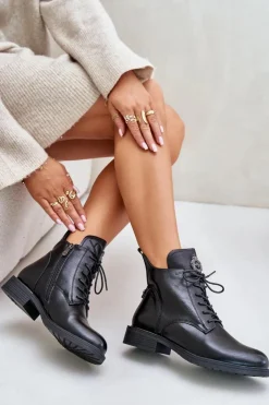 Outlet Boto Ocieplane Botki Na Płaskim Obcasie Z Ozdobą Czarne Leonise Czarny